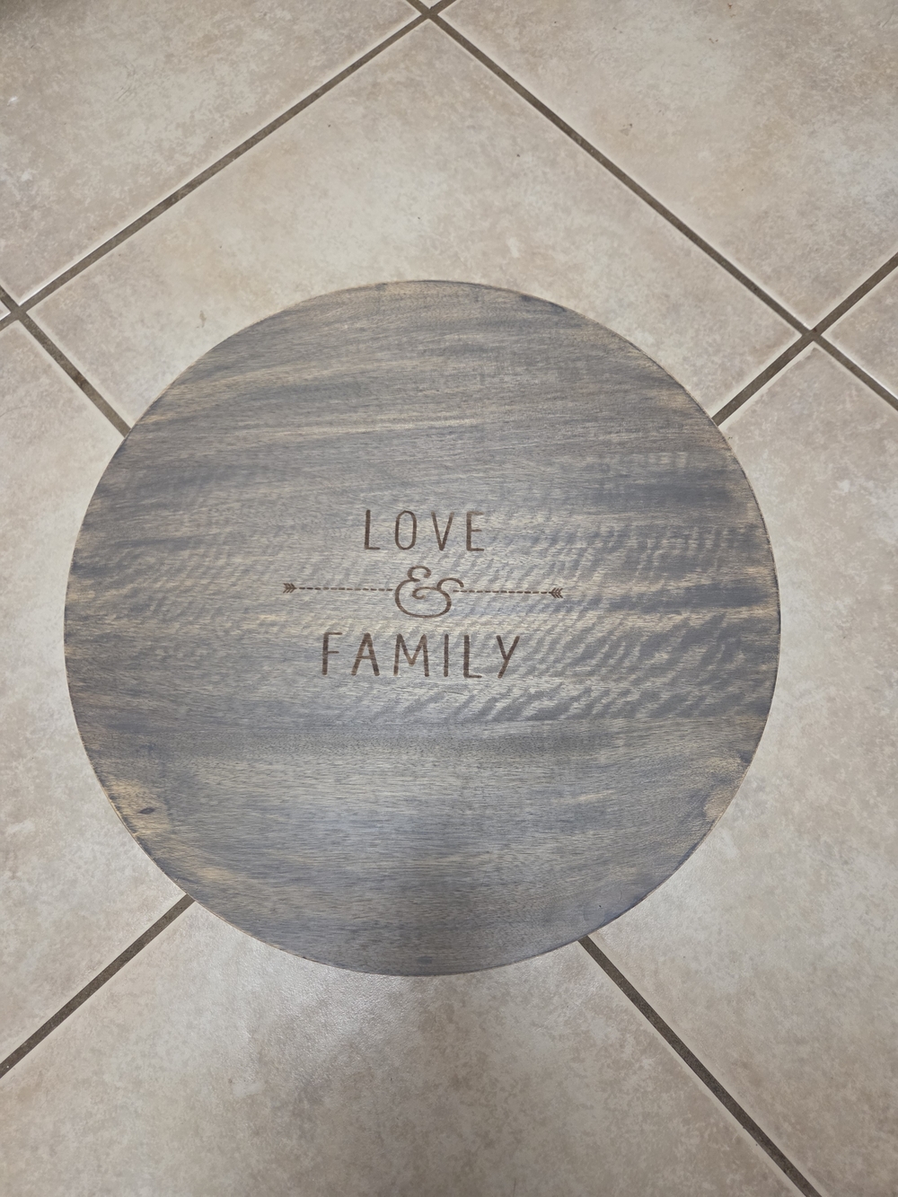 Wooden Round Lazy Susan - 'Love & Family' - Gray